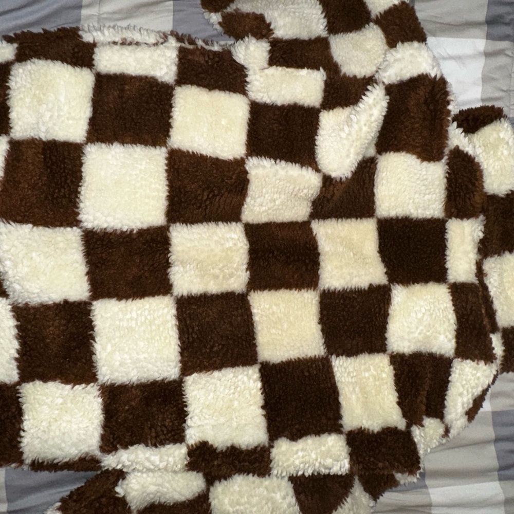 Zara Brown and Cream Checkered Zip-Up Sweater- Sherpa - Picture 7 of 7